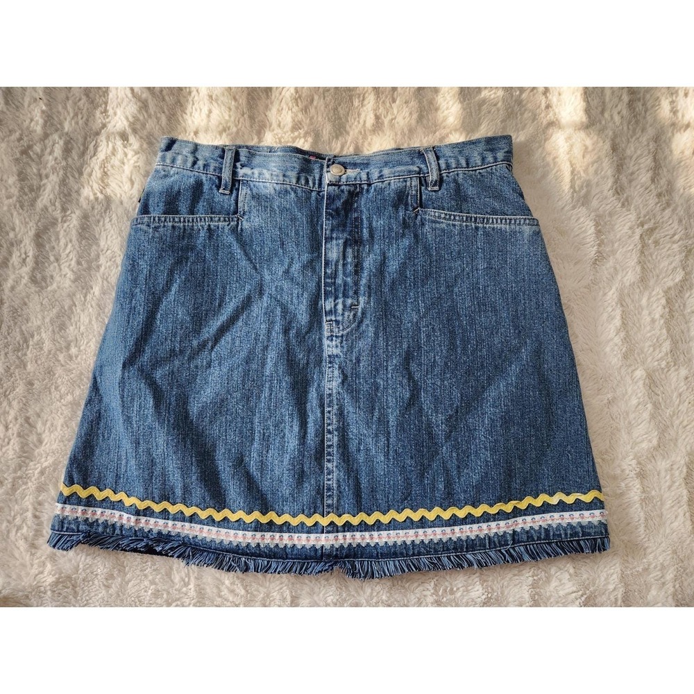 Vintage No Excuses Jeans Denim Mini Skirt Ric Rac Fringe Trim Y2K Boho Size...